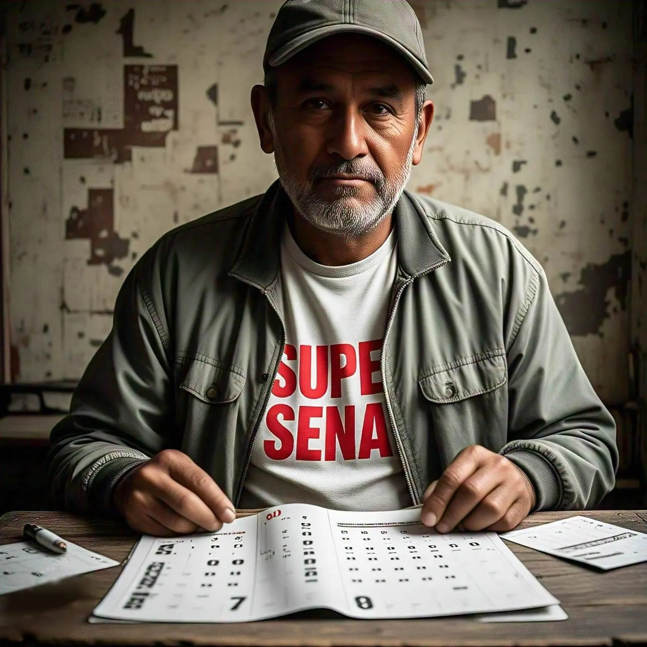 Um homem sentado atrás de uma mesa e na mesa um calendário.